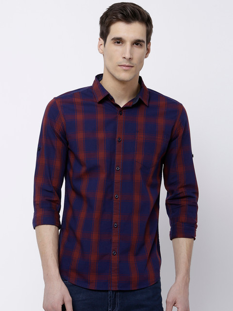 

HIGHLANDER Men Navy Blue & Maroon Slim Fit Checked Casual Shirt