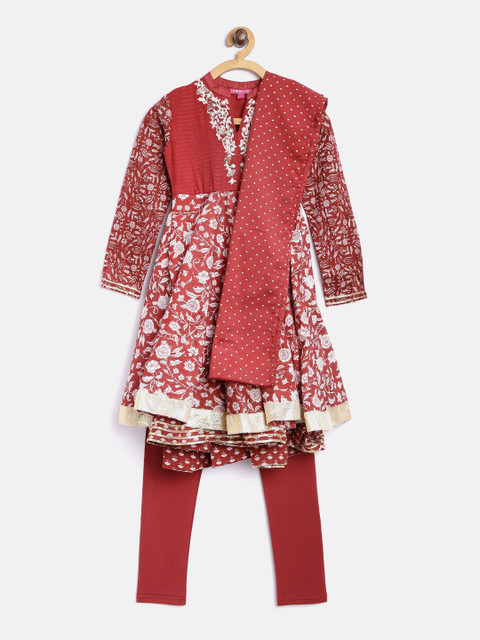 

Biba Girls Rust Red & White Floral Print Kurta with Churidar & Dupatta