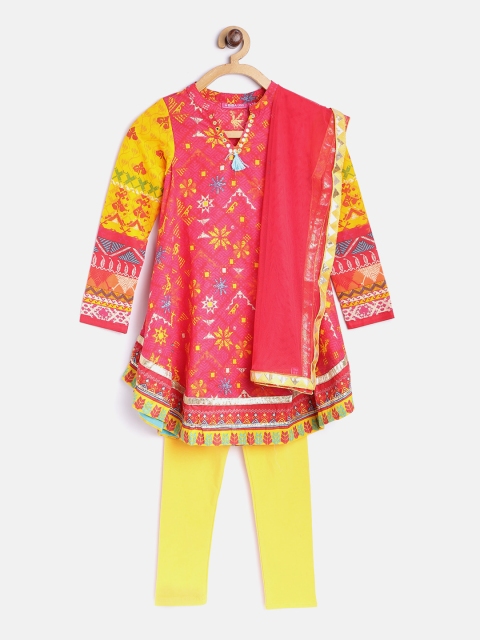 

Biba Girls Pink & Yellow Printed Kurta with Churidar & Dupatta