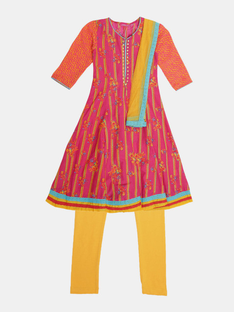 

Biba Girls Pink & Yellow Printed Kurta with Dupatta & Churidar