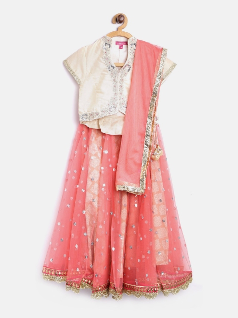 

Biba Girls Peach-Coloured & Beige Embellished Lehenga Choli with Dupatta