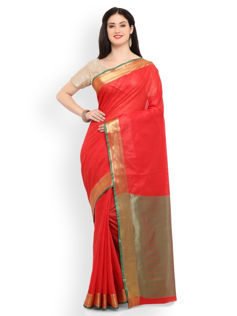 

Varkala Silk Sarees Red & Green Cotton Blend Solid Banarasi Saree