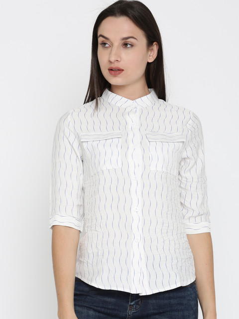 

Mast & Harbour Women White & Blue Printed Shirt Style Top