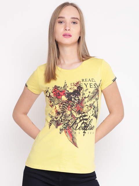 

Madame Women Yellow Printed Round Neck Pure Cotton T-shirt