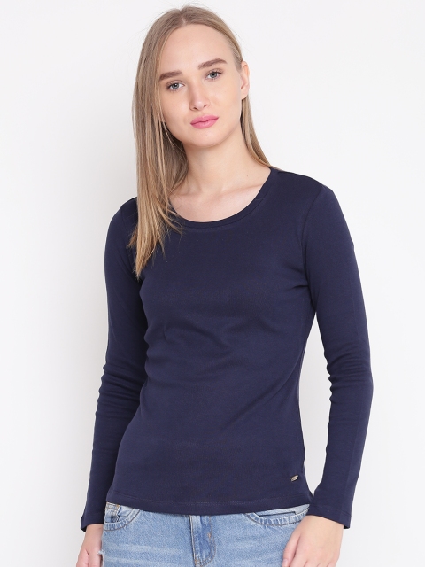 

Madame Women Navy Solid Round Neck T-shirt, Navy blue