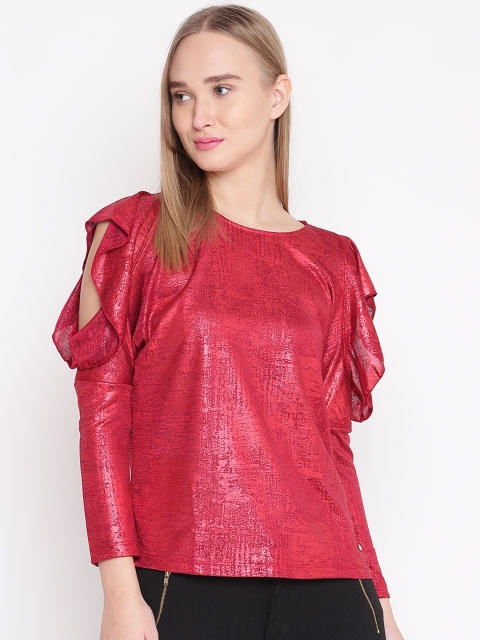 

Madame Women Red Solid Sheen Effect Cold Shoulder Top