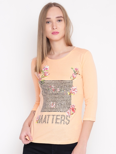 

Madame Women Peach-Coloured Printed Embellished T-shirt