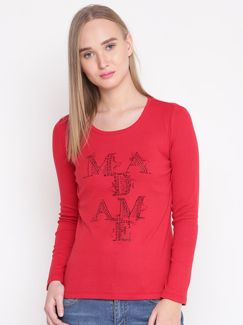 

Madame Women Red Printed Round Neck T-shirt