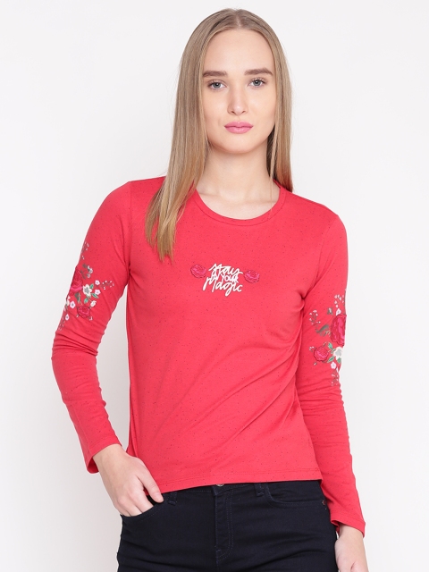 

Madame Women Red T-shirt with Applique Detail
