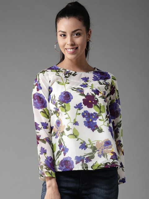 

HERE&NOW Women Cream-Coloured & Blue Floral Print Top