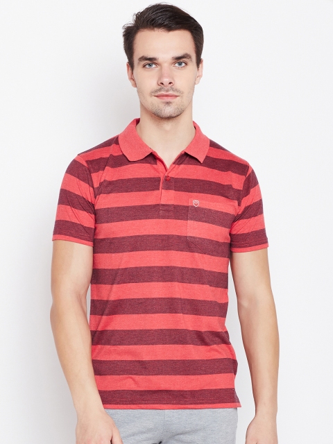 

Sweet Dreams Men Coral Red & Black Striped Polo Collar T-shirt