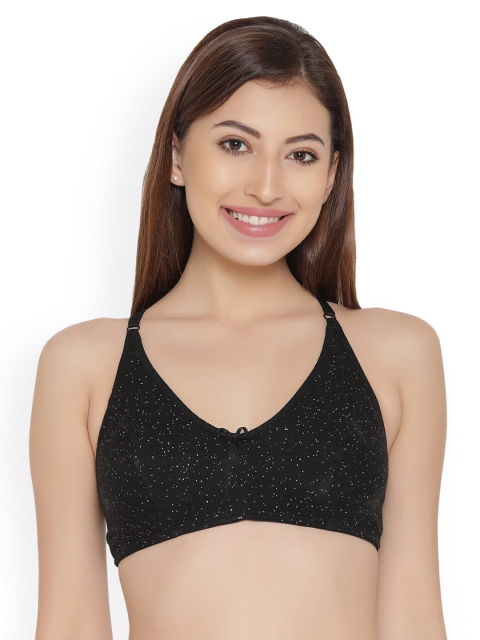 

Clovia Cotton Non-Padded Non-Wired Printed Full Cup Racerback Bra, Black
