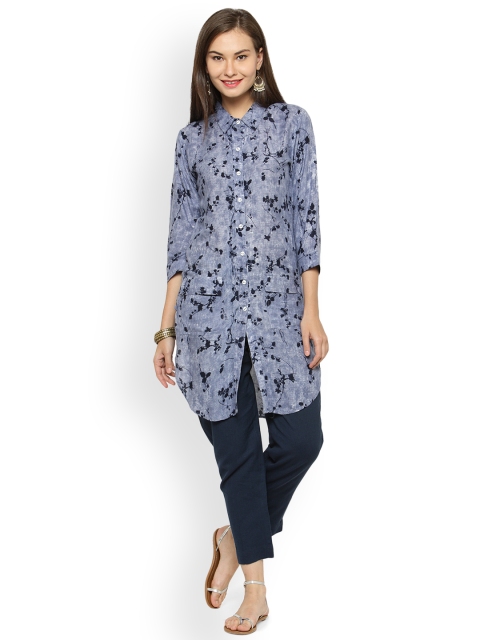 

Indibelle Women Blue & Grey Printed Pathani Kurta