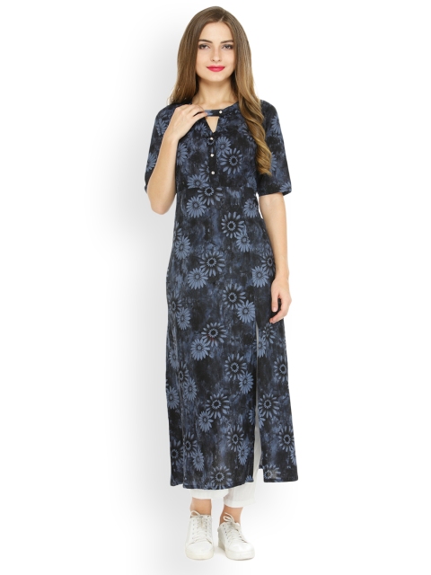 

Indibelle Women Black Floral Print A-Line Kurta
