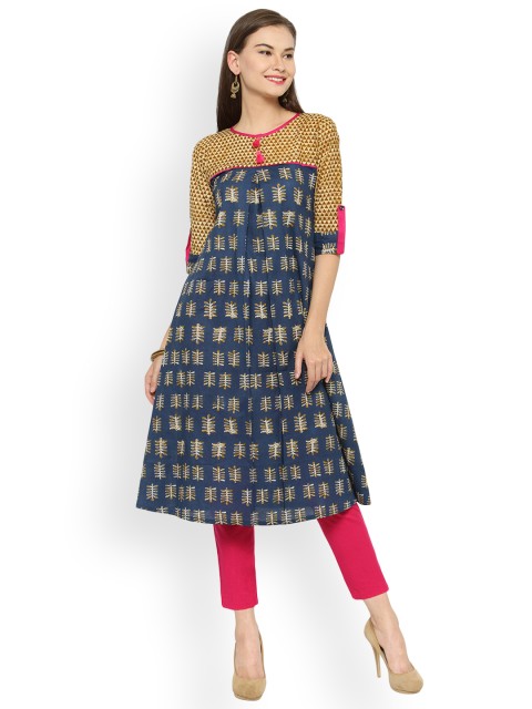

Indibelle Women Blue Printed A-Line Kurta