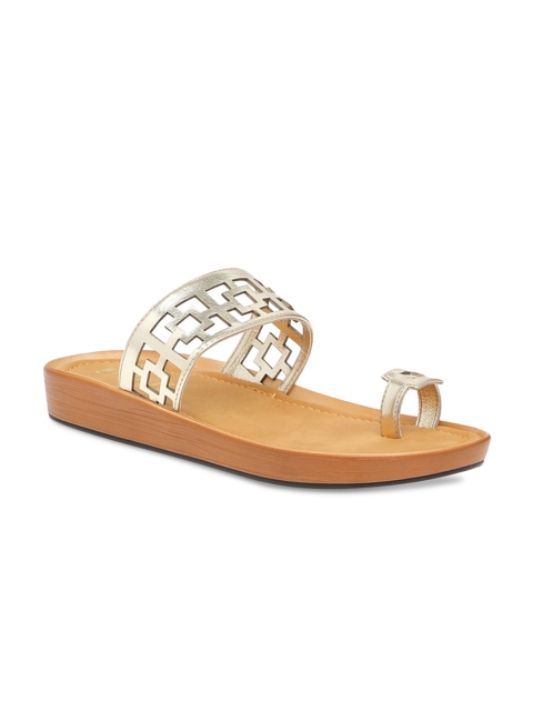 

Wet Blue Women Gold-Toned Solid Synthetic One-Toed Flats with Laser Cuts
