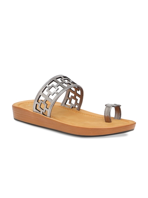 

Wet Blue Women Gunmetal-Toned Solid Synthetic One-Toed Flats with Laser Cuts, Metallic