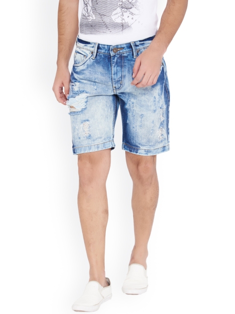 

IVOC Men Blue Washed Slim Fit Distressed Denim Shorts