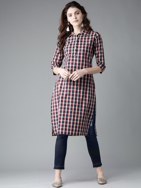 

HERE&NOW Women Navy Blue & Red Checked Straight Kurta