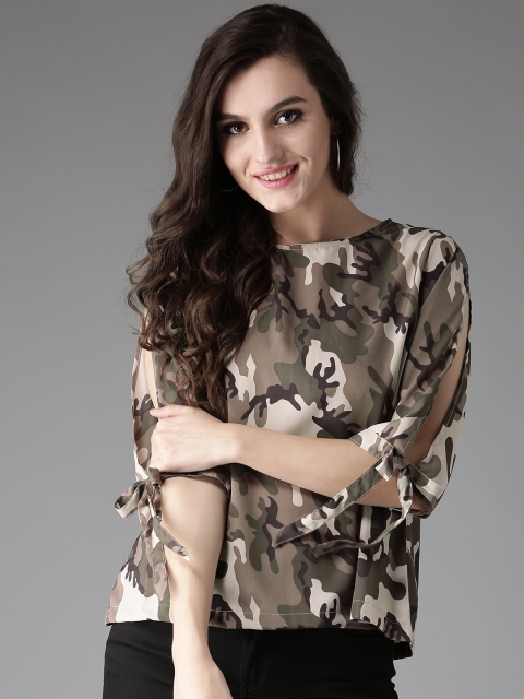 

HERE&NOW Women Olive Green & Beige Camouflage Print Top