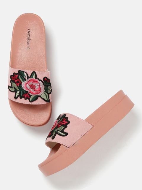 

DressBerry Rose Embroidered Applique Sliders, Pink