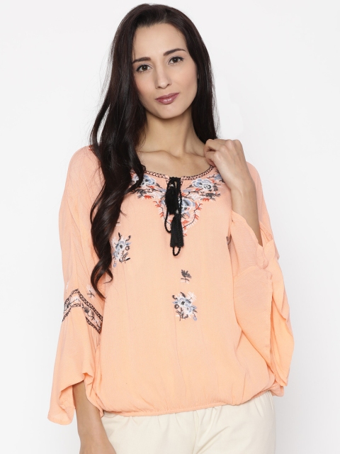 

Colour Me by Melange Women Peach-Coloured Self Design Blouson Top