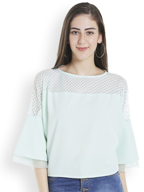 

TARAMA Women Green Solid Boxy Semi-Sheer Top