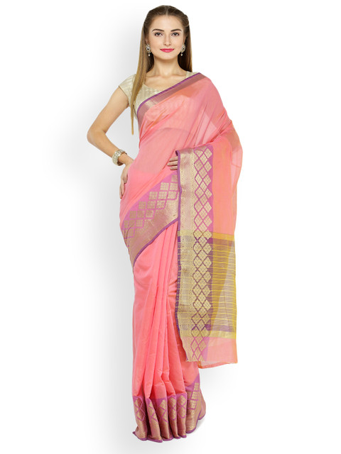 

Kvsfab Pink Solid Silk Cotton Saree