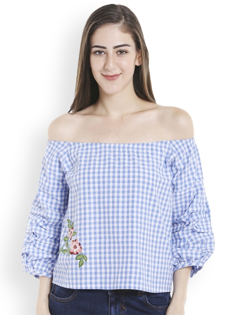 

TARAMA Women Off-White & Blue Checked Bardot Top