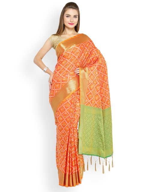 

Kvsfab Orange & Green Silk Cotton Printed Patola Saree