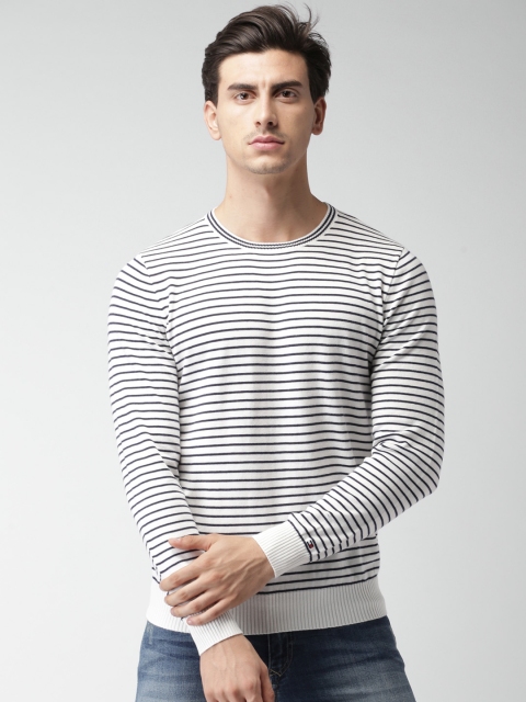 

Tommy Hilfiger Men White & Navy Striped Pullover