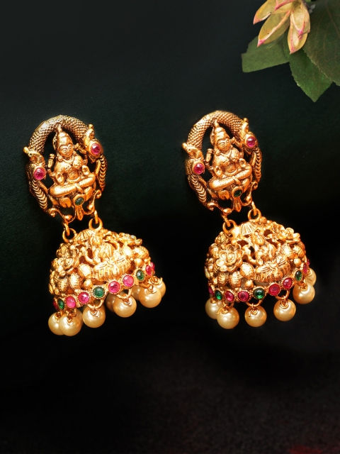 

Rubans Gold-Toned & White Dome Shaped Jhumka Earrings