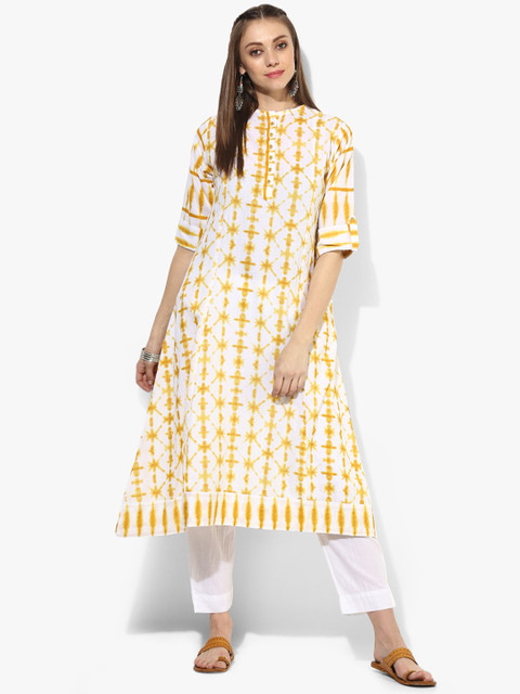 

Sangria Women Yellow & Off-White Printed Kurta with Trousers