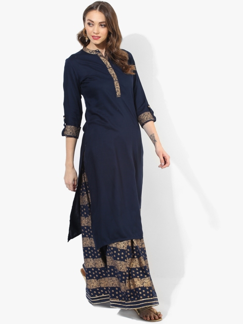 

Sangria Women Navy Blue Printed Kurta with Skirt