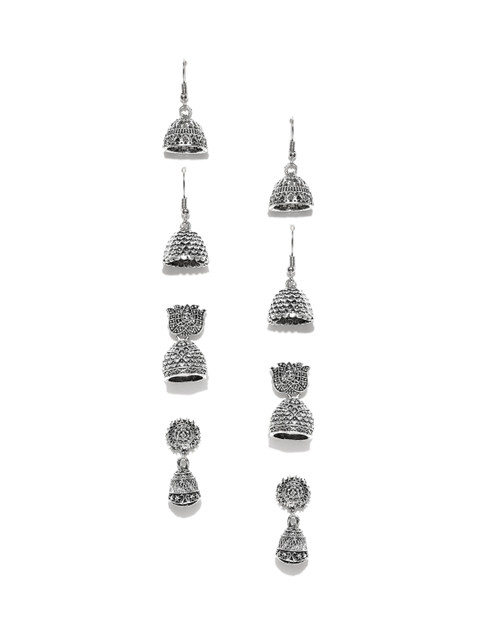 

Zaveri Pearls Set of 4 Oxidised Silver-Plated Dome-Shaped Jhumkas