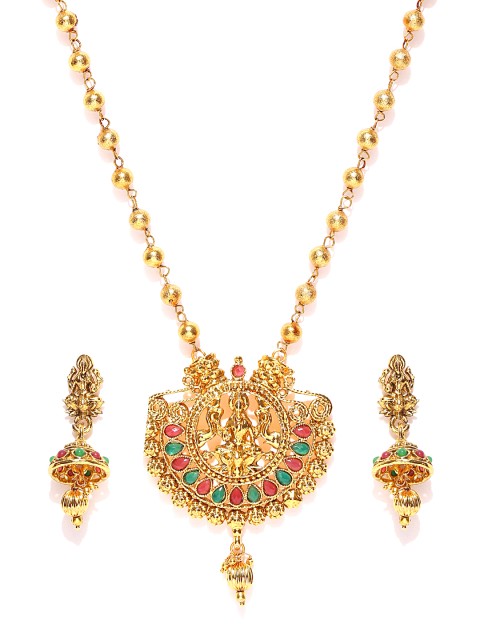

Zaveri Pearls Gold-Toned Goddess Laxmi Stone-Studded Temple Jewellery Set