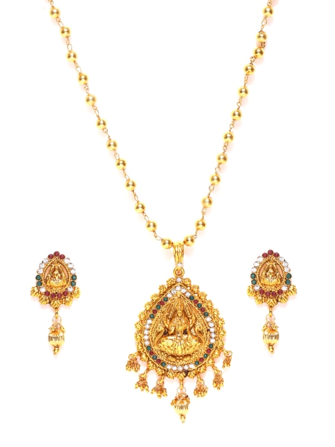 

Zaveri Pearls Gold-Toned Stone-Studded Temple Jewellery Set