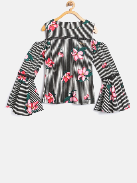 

Tiny Girl Black & Off-White Floral Print Striped Top