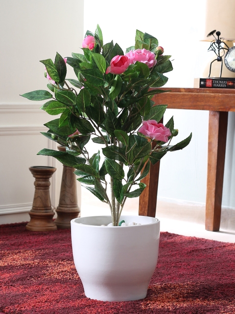 

Fourwalls Pink & Green Artificial Camellia Flower Plant Without Pot