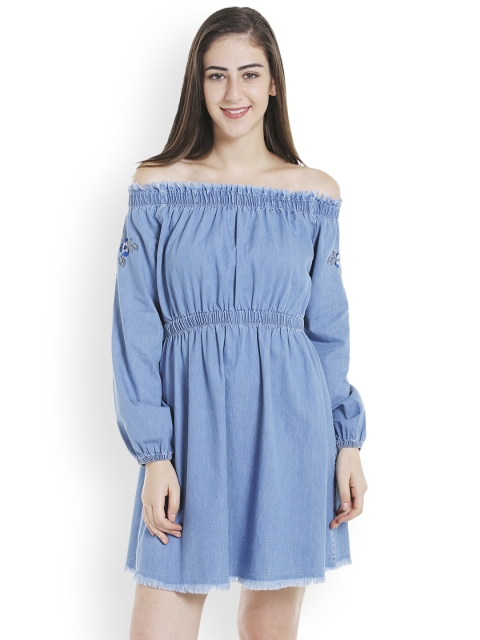 

TARAMA Women Denim Blue Embellished Fit and Flare Dress