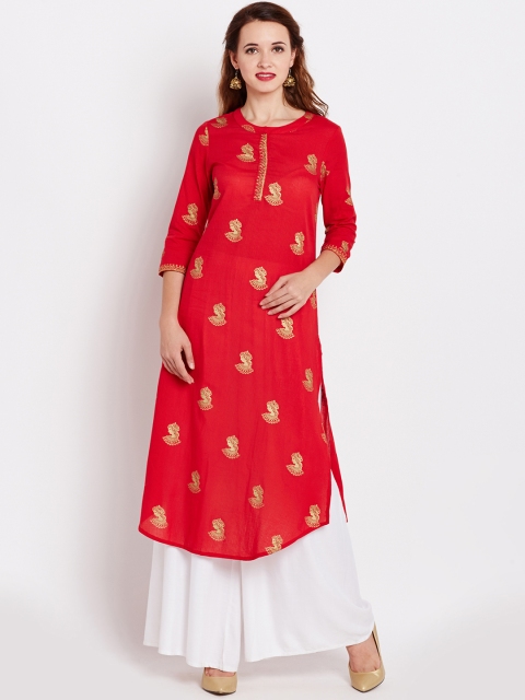 

Rain & Rainbow Women Red Quirky Print A-line Kurta