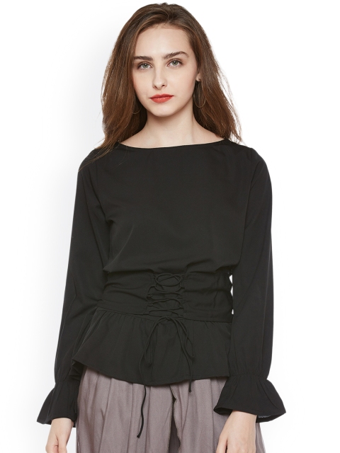 

THE SILHOUETTE STORE Women Black Solid Cinched Waist Top