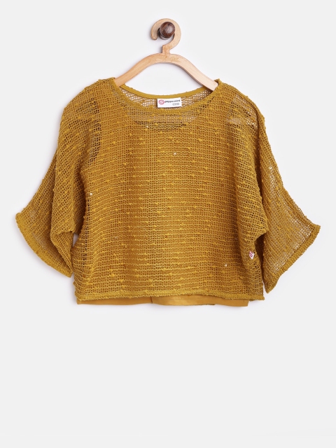 

Peppermint Girls Mustard Yellow Self-Design Sheer Top