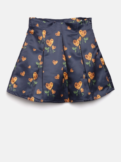 

Peppermint Girls Navy & Mustard Yellow Floral Print Flared Skirt, Navy blue