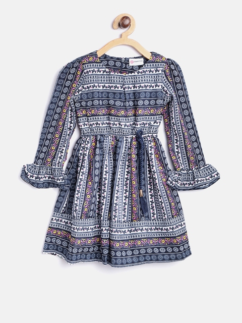 

Peppermint Girls Navy Printed Fit & Flare Dress, Navy blue