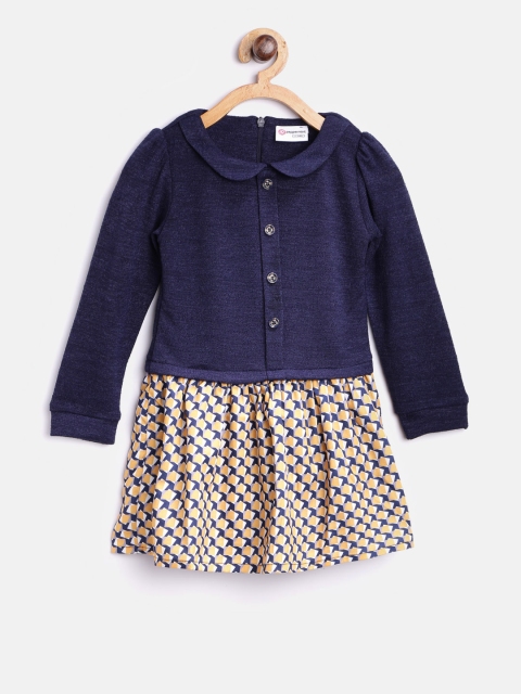 

Peppermint Girls Navy & Mustard Yellow Printed A-Line Dress, Navy blue