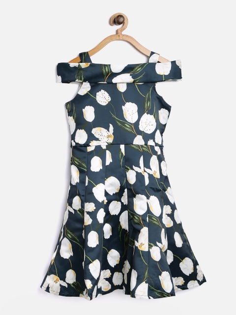

Peppermint Girls Green & Off-White Floral Print Fit & Flare Dress