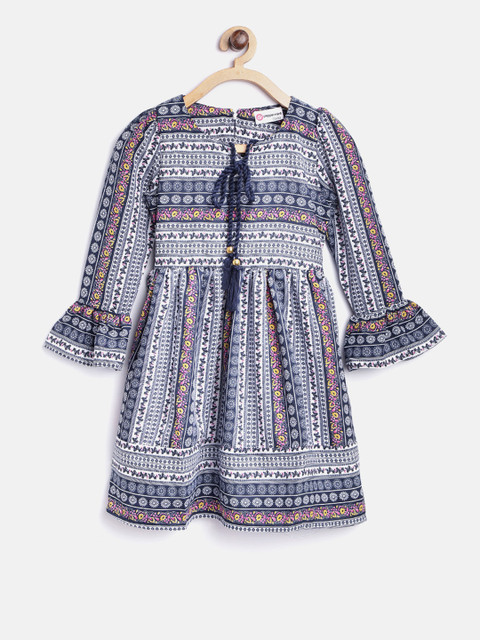 

Peppermint Girls Navy Blue Printed Fit and Flare Dress