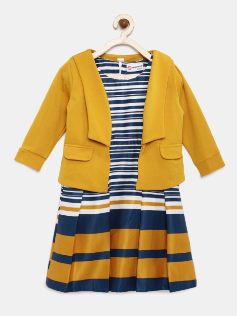 

Peppermint Girls Mustard Yellow & Blue Striped Fit and Flare Dress