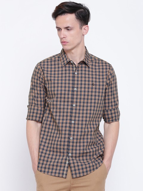 

United Colors of Benetton Men Grey & Orange Slim Fit Checked Casual Shirt
